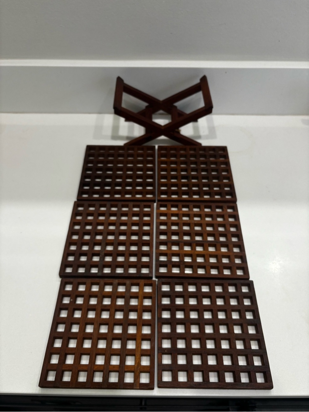 Vintage Set 6 ANRI FORM TEAK LATTICE Waffle Wood coasters W/Stand Italy Mid Cen